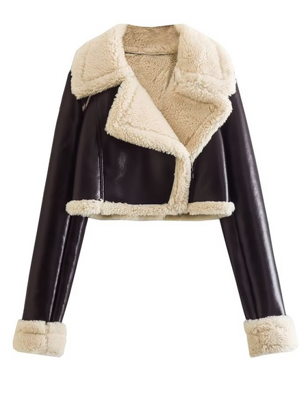 Cropped Fluffy Faux Shearling Leather Moto Jacket