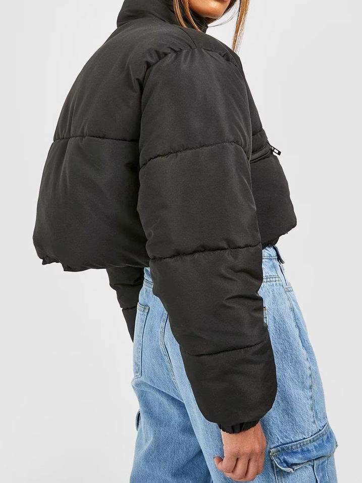 Solid Color Cropped Waist Puffer Jacket