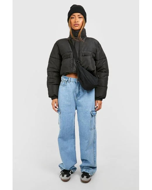 Solid Color Cropped Waist Puffer Jacket