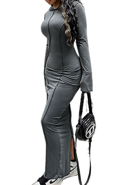 Split Solid Hooded Maxi Dress Casual HWER98XU3T