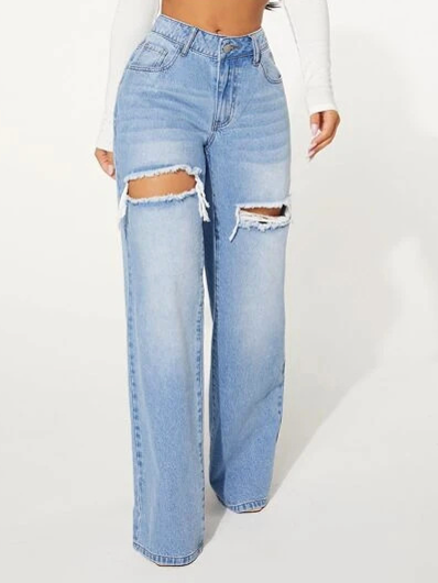 Pantalones de pierna ancha con agujeros Jeans lavados de cintura alta HWWT59ECVH